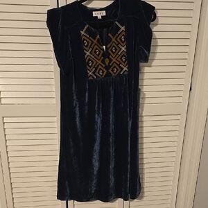 THML Velvet Embroidered Dress NWT | Blue & Gold Flutter Sleeve Holiday Style S